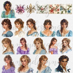 May include: A digital collage sheet featuring 15 illustrations of women with long, flowing hair. The women are depicted in various poses and wearing different styles of clothing. The collage also includes a fleur-de-lis, a floral design, and three envelopes with floral patterns.