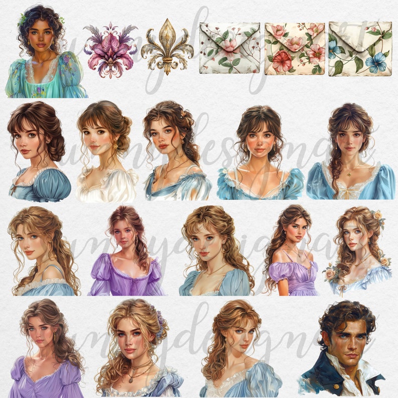 May include: A digital collage sheet featuring 15 illustrations of women with long, flowing hair. The women are depicted in various poses and wearing different styles of clothing. The collage also includes a fleur-de-lis, a floral design, and three envelopes with floral patterns.