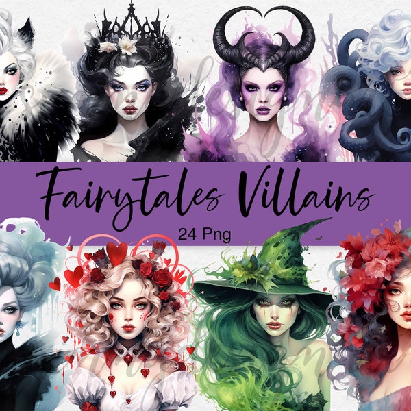 Villains Clipart, Watercolor Clipart, Fairy Tale Clipart, Halloween Clipart, Maleficent, Ursula, Cruella, Evil Queen, Commercial Use