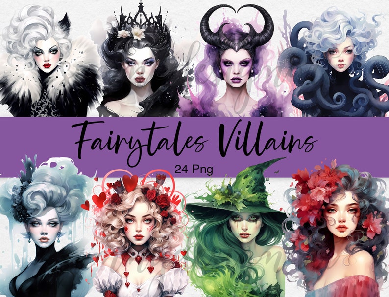 May include: A digital illustration set of 24 fairytale villains. The illustrations are in a watercolor style and feature characters like the Evil Queen, Maleficent, and Ursula. The illustrations are perfect for creating digital art, scrapbooking, or other creative projects.