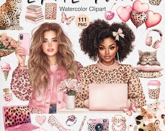 Leopard Print Planner Clipart: Watercolor Pink Girl Stickers, Cozy Boho PNG