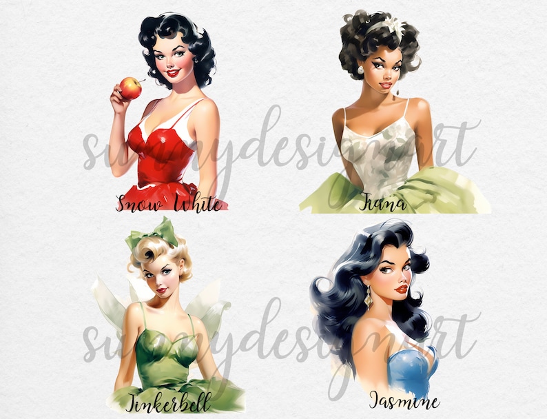 Pin up Princess Clipart, Vintage Clipart, Retro Watercolor Clipart, Pin up Girls Clipart, Pin Up PNG, Vintage Lady PNG, Commercial Use image 4