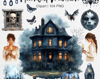 Haunted Mansion Clipart: Watercolor Halloween House PNG, Gothic Spooky Ghost Digital Stickers