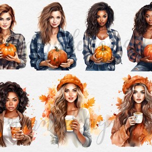 May include: Watercolor illustrations of women with autumn themes. Some hold pumpkins, others coffee, and wear plaid shirts, hats, and fall-themed accessories. The color palette includes orange, brown, and beige.