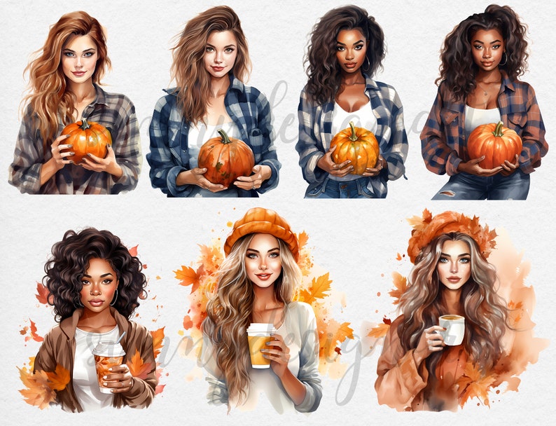 May include: Watercolor illustrations of women with autumn themes. Some hold pumpkins, others coffee, and wear plaid shirts, hats, and fall-themed accessories. The color palette includes orange, brown, and beige.