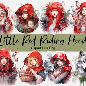 Rotkäppchen Clipart, Märchen Clipart, Wolf Clipart, Aquarell Clipart, Rotkäppchen PNG, sofortiger Download, kommerzielle Nutzung