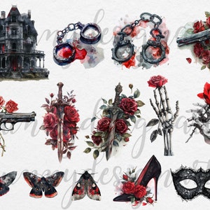 May include: A digital illustration set featuring a spooky haunted house, a pair of handcuffs, a gun, a sword, a skeleton hand holding a rose, a black lace mask, a red high heel shoe, and a black butterfly.