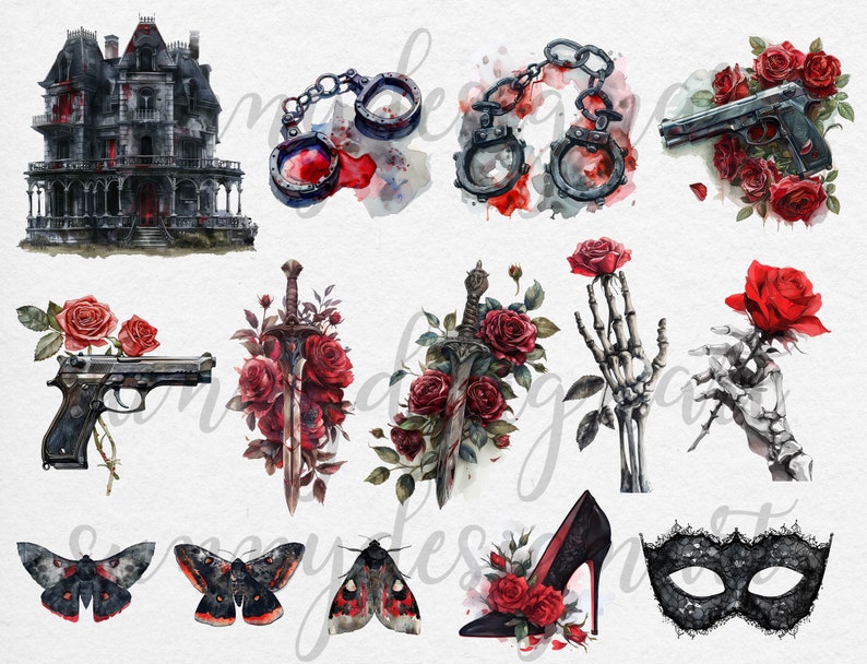 May include: A digital illustration set featuring a spooky haunted house, a pair of handcuffs, a gun, a sword, a skeleton hand holding a rose, a black lace mask, a red high heel shoe, and a black butterfly.