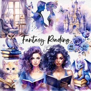Fantasy Reading Clipart, Book Lover PNG, Watercolor Bookish Illustrations for Bookworms (Digital Download)
