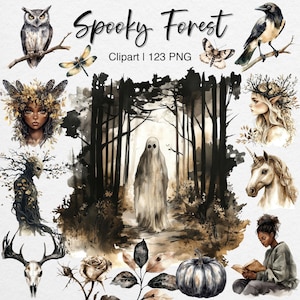 Clipart foresta spettrale, bosco infestato ad acquerello, foresta magica incantata, Halloween gotico, fata, strega, scheletri, animali, download digitale