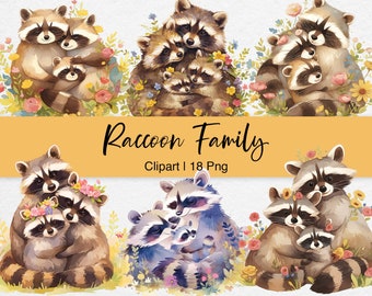 Clipart de família de guaxinins em aquarela: Animal da floresta PNG (download digital)
