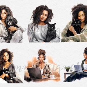 Filles dans le salon porter des cliparts mode, clipart fille noire, mode fille clipart, clipart femme noire, clipart confortable, fille PNG, usage Commercial image 4