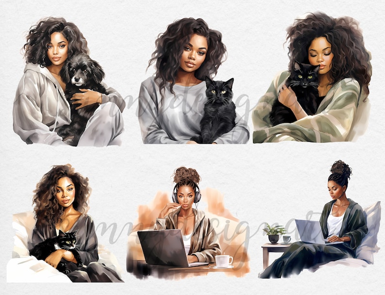 Filles dans le salon porter des cliparts mode, clipart fille noire, mode fille clipart, clipart femme noire, clipart confortable, fille PNG, usage Commercial image 4