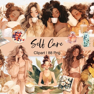Zelfzorg clipart, aquarel meisje illustraties, zelfliefde, planner meisje, spa-tijd, fitness, yoga, gezonde voeding, zwarte vrouw, png digitale download