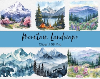 Mountain Landscape Clipart: Watercolor Forest Lake PNG, Campsite Digital Stickers