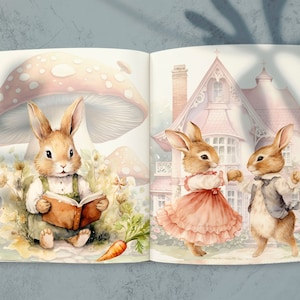 May include: An open book with illustrations of two bunnies. One bunny is reading a book under a mushroom, while the other two bunnies are dancing in front of a pink house.