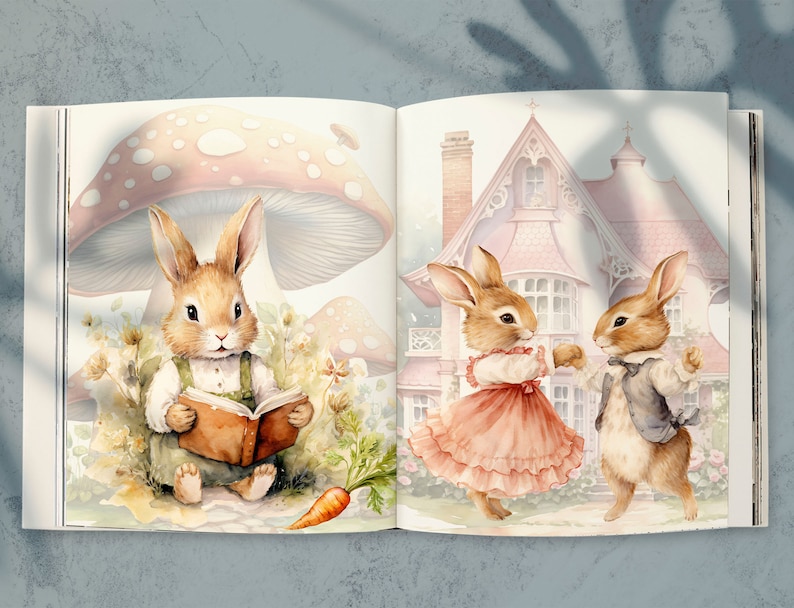 May include: An open book with illustrations of two bunnies. One bunny is reading a book under a mushroom, while the other two bunnies are dancing in front of a pink house.
