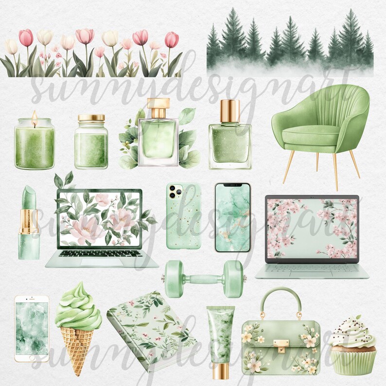 K&ouml;nnte beinhalten: Eine digitale Illustration in einem gr&uuml;n-wei&szlig;en Farbschema mit verschiedenen Gegenst&auml;nden, darunter ein Laptop, ein Telefon, eine Hantel, eine Kerze, ein Parf&uuml;mflakon, ein Notizbuch, ein Cupcake, eine Handtasche, ein Stuhl und ein Strau&szlig; rosa Blumen.