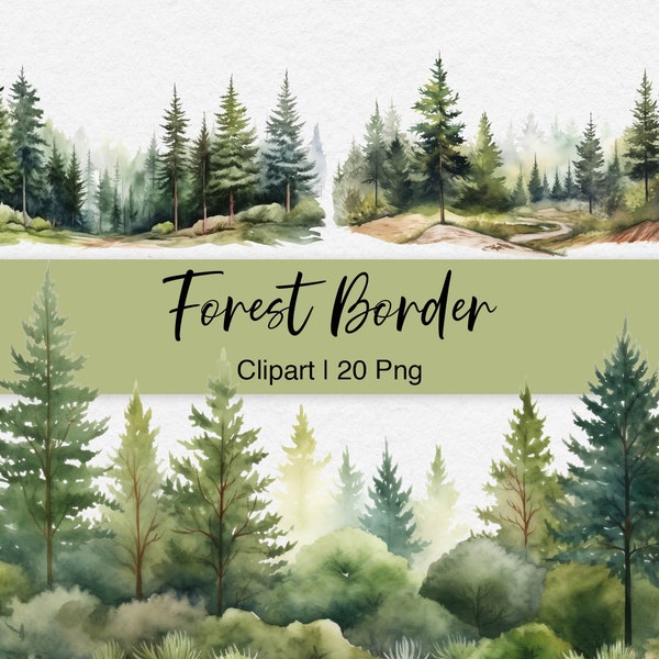 Watercolor Forest Landscape Clipart, Pine Tree Forest Border Clip Art, Woodland, Paper Craft, Sublimation Design, Scrapbook, Commercial Use