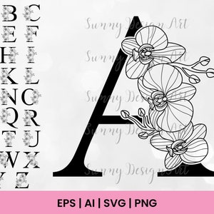 Könnte beinhalten: Schwarz-weiß-Linienkunst-Illustration des Buchstabens A mit Orchideenblüten. Der Buchstabe ist in fetter Schrift und die Blüten sind detailliert mit mehreren Blütenblättern.