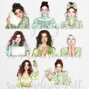 K&ouml;nnte beinhalten: Ein Set digitaler Illustrationen von acht Frauen in verschiedenen Posen. Jede Frau tr&auml;gt ein gr&uuml;nes Outfit und hat braunes Haar. Die Frauen sind mit Aktivit&auml;ten wie Lesen, Wein trinken, Laptop benutzen und Gesichtsmaske auftragen besch&auml;ftigt.