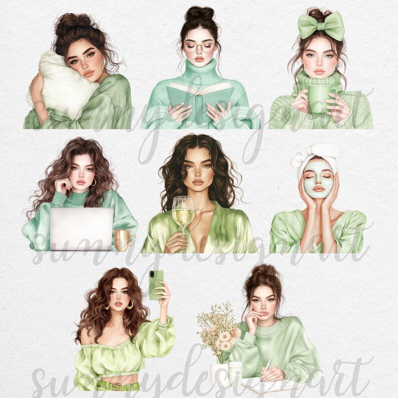 K&ouml;nnte beinhalten: Ein Set digitaler Illustrationen von acht Frauen in verschiedenen Posen. Jede Frau tr&auml;gt ein gr&uuml;nes Outfit und hat braunes Haar. Die Frauen sind mit Aktivit&auml;ten wie Lesen, Wein trinken, Laptop benutzen und Gesichtsmaske auftragen besch&auml;ftigt.