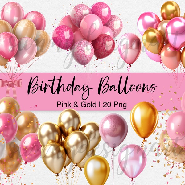 Birthday Balloon Clipart, Pink and Gold Balloon Clipart, 3d Balloon Clipart, Birthday Party Clipart, Instant Download, Commercial Use