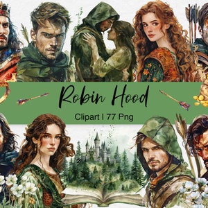 Robin Hood Clipart Bundel PNG, Aquarel Middeleeuwse illustraties, Lady Marian, Sheriff van Nottingham, Scrapbook, Junk Journal, Digitale Download