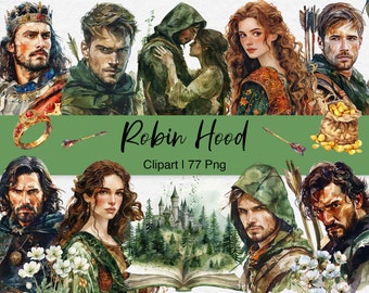 Robin Hood Clipart Bundle PNG, Watercolor Medieval Clip Art, Lady Marian, Sheriff of Nottingham, Scrapbook, Junk Journal, Digital Download