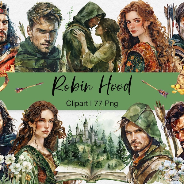 Robin Hood Clipart Bundle PNG, Watercolor Medieval Clip Art, Lady Marian, Sheriff of Nottingham, Scrapbook, Junk Journal, Digital Download