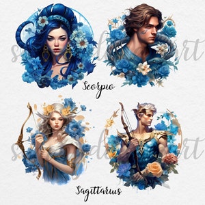 May include: Four zodiac signs illustrated with blue and white flowers. The signs are Scorpio, Sagittarius, Capricorn, and Aquarius. Each sign is represented by a person with a unique pose and expression.