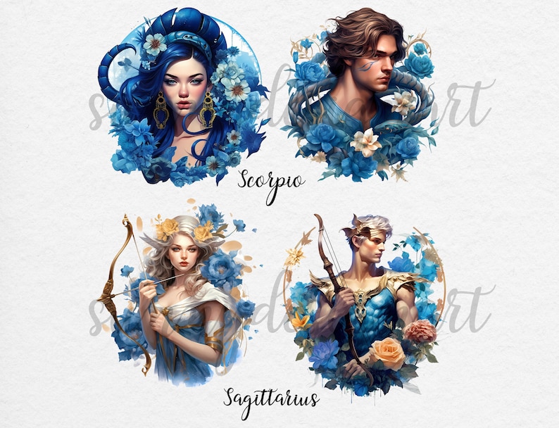 May include: Four zodiac signs illustrated with blue and white flowers. The signs are Scorpio, Sagittarius, Capricorn, and Aquarius. Each sign is represented by a person with a unique pose and expression.