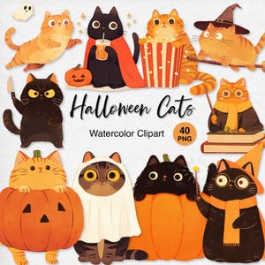 Halloween Cats Watercolor Clipart: Funny Retro PNG Stickers (Digital Download)