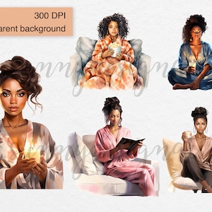 Filles dans le salon porter des cliparts mode, clipart fille noire, mode fille clipart, clipart femme noire, clipart confortable, fille PNG, usage Commercial image 2