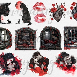 May include: A digital art print set featuring a variety of romantic and gothic imagery, including a black cat, a heart with roses, a couple kissing, and a window with roses. The images are painted in a watercolor style with a dark and moody color palette.