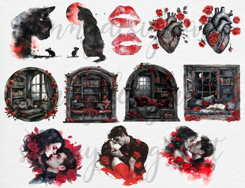 May include: A digital art print set featuring a variety of romantic and gothic imagery, including a black cat, a heart with roses, a couple kissing, and a window with roses. The images are painted in a watercolor style with a dark and moody color palette.