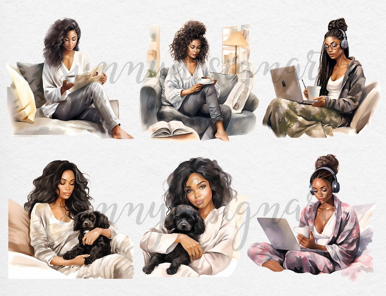 Filles dans le salon porter des cliparts mode, clipart fille noire, mode fille clipart, clipart femme noire, clipart confortable, fille PNG, usage Commercial image 3