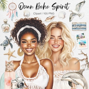 Bundle de cliparts bohème océan océan, filles de plage d'été, vacances côtières, illustration de mode, journal de la jonque de mer, voyage, téléchargement numérique