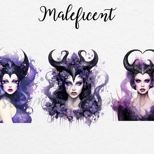 May include: Three digital illustrations of a woman with purple hair and horns, wearing a black crown with flowers. The background is a watercolor wash of purple and pink.