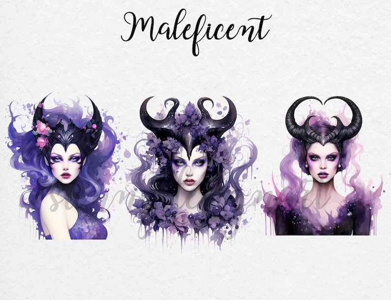 May include: Three digital illustrations of a woman with purple hair and horns, wearing a black crown with flowers. The background is a watercolor wash of purple and pink.