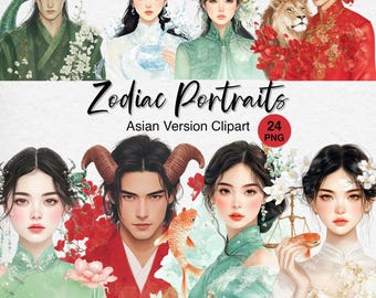 Asian Zodiac Sign Clipart: Woman and Man Watercolor Astrology PNG (Digital Download)