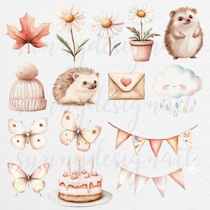 Puede incluir: Un conjunto de ilustraciones de acuarela con una variedad de elementos lindos y caprichosos, que incluyen erizos, mariposas, flores, un pastel de cumplea&ntilde;os, una nube, un sombrero y banderines. Las ilustraciones son perfectas para agregar un toque de encanto a cualquier proyecto.