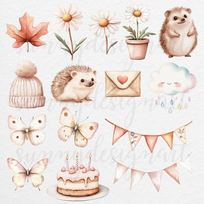 Puede incluir: Un conjunto de ilustraciones de acuarela con una variedad de elementos lindos y caprichosos, que incluyen erizos, mariposas, flores, un pastel de cumplea&ntilde;os, una nube, un sombrero y banderines. Las ilustraciones son perfectas para agregar un toque de encanto a cualquier proyecto.