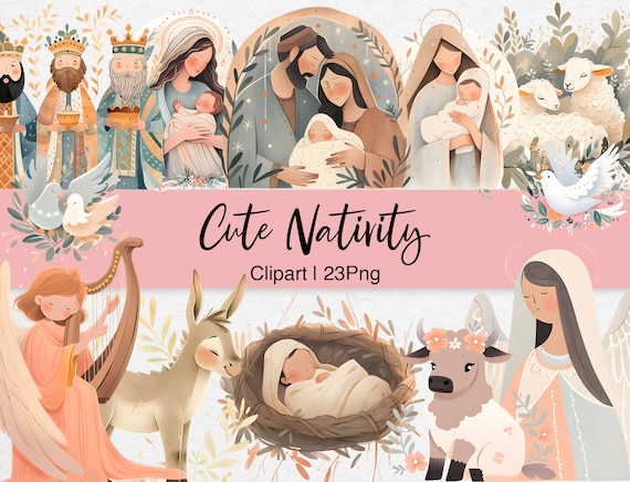 Cute Nativity Scene Clipart, Christmas PNG Images (Digital Download)