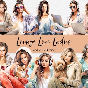 May include: A digital illustration of 10 women in various poses, wearing casual clothing and relaxing in a lounge setting. The women are depicted with long hair, wearing sunglasses, and holding laptops, books, and other items. The image is titled "Lounge Luxe Ladies vol.2 | 28 Png".