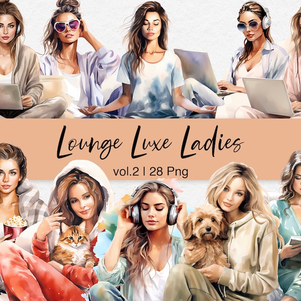 Girls in Lounge Wear vol.2. Fashion Clipart, Lady Boss Clipart, Cozy Clipart, Fashion Girl Clipart, Watercolor Clipart, Commercial Use