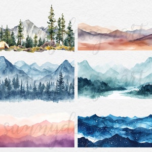May include: Six watercolor paintings of mountain ranges in different colors and styles. The top row features a mountain range with a tent in the foreground, followed by a mountain range with a sunset sky. The second row features a mountain range with a river in the foreground, followed by a mountain range with a starry sky. The bottom row features a mountain range with a pink and orange sunset sky, followed by a mountain range with a blue and white starry sky.