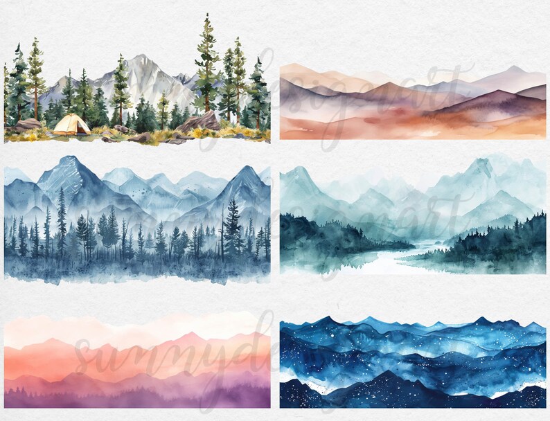 May include: Six watercolor paintings of mountain ranges in different colors and styles. The top row features a mountain range with a tent in the foreground, followed by a mountain range with a sunset sky. The second row features a mountain range with a river in the foreground, followed by a mountain range with a starry sky. The bottom row features a mountain range with a pink and orange sunset sky, followed by a mountain range with a blue and white starry sky.