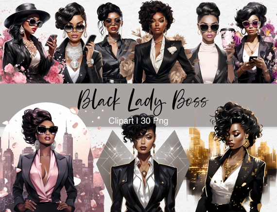Black Lady Boss Clipart: Fashion Girl PNG, Watercolor Style (Digital Stickers)