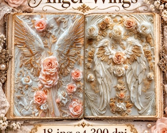 Angel Wings Junk Journal Pages, Shabby Chic Digital Paper, Vintage Lace Scrapbook, Rose Printable
